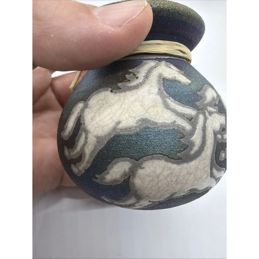 NWT Raku Pottery Small VASE Signed Jeremy Diller Wild Horses Blue Purple Copper